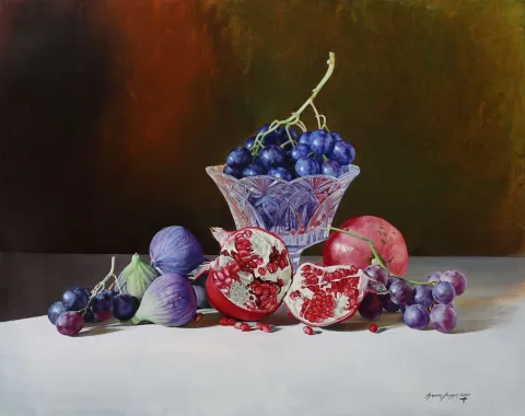 "Meyveler" eseri HASAN SAYGIN tarafından 2020 yılında 73x92 cm ölçülerinde Tuval üzeri yağlı boya tekniği ile yapılmıştır.