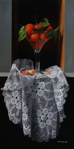 "Dentelle" eseri HASAN SAYGIN tarafından 2024 yılında 120x60 cm ölçülerinde Tuval üzeri yağlı boya tekniği ile yapılmıştır.