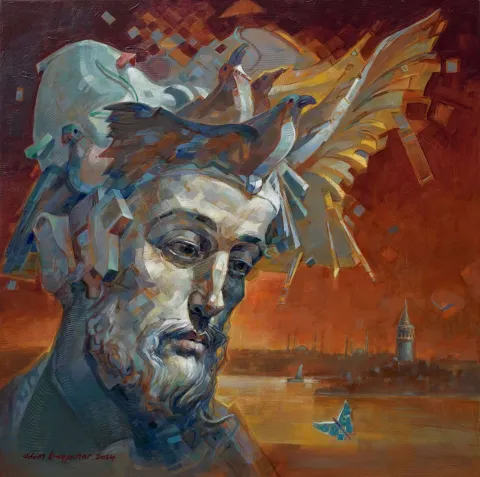 "Gezgin" eseri ADEM BAŞPINAR tarafından 2024 yılında 60x60 cm ölçülerinde Tuval üzeri yağlı boya tekniği ile yapılmıştır.