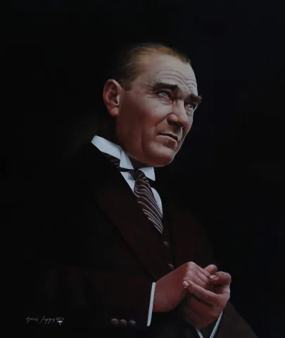 "Atatürk" eseri HASAN SAYGIN tarafından 2023 yılında 65x54 cm ölçülerinde Tuval üzeri yağlı boya tekniği ile yapılmıştır.
