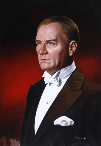 "Atatürk" eseri HASAN SAYGIN tarafından 2024 yılında 115x80 cm ölçülerinde Tuval üzeri yağlı boya tekniği ile yapılmıştır.