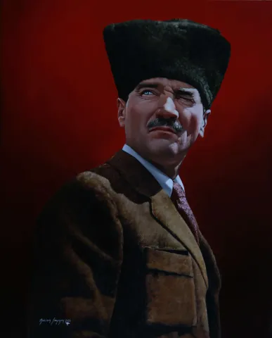 "Atatürk" eseri HASAN SAYGIN tarafından 2023 yılında 81x65 cm ölçülerinde Tuval üzeri yağlı boya tekniği ile yapılmıştır.