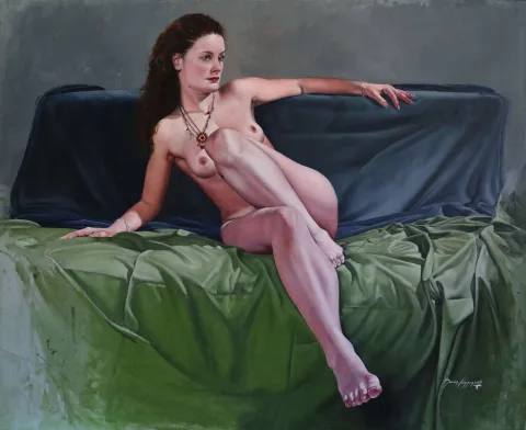 "Dinlenen Model" eseri HASAN SAYGIN tarafından 2018 yılında 80x100 cm ölçülerinde Tuval üzeri yağlı boya tekniği ile yapılmıştır.