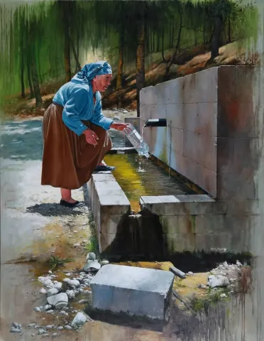 "Çeşme" eseri HASAN SAYGIN tarafından 2021 yılında 146x114 cm ölçülerinde Tuval üzeri yağlı boya tekniği ile yapılmıştır.