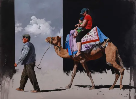 "Deveye binmek" eseri HASAN SAYGIN tarafından 2021 yılında 97x130 cm ölçülerinde Tuval üzeri yağlı boya tekniği ile yapılmıştır.