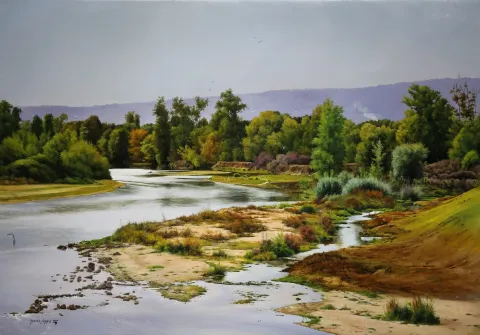 "Loire Nehri" eseri HASAN SAYGIN tarafından 2021 yılında 81x116 cm ölçülerinde Tuval üzeri yağlı boya tekniği ile yapılmıştır.