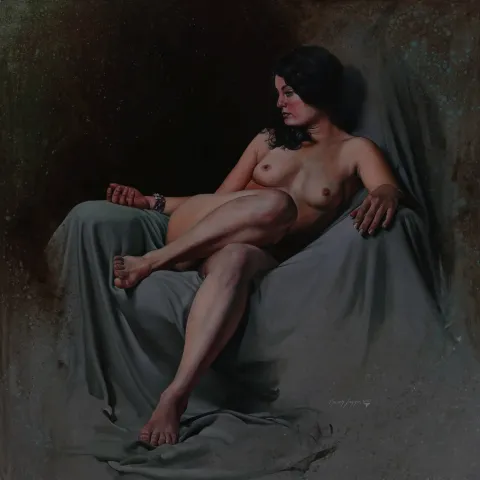 "Dinlenen model" eseri HASAN SAYGIN tarafından 2015 yılında 80x80 cm ölçülerinde Tuval üzeri yağlı boya tekniği ile yapılmıştır.