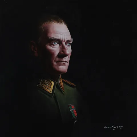 "Atatürk" eseri HASAN SAYGIN tarafından 2026 yılında 50x50 cm ölçülerinde Tuval üzeri yağlı boya tekniği ile yapılmıştır.