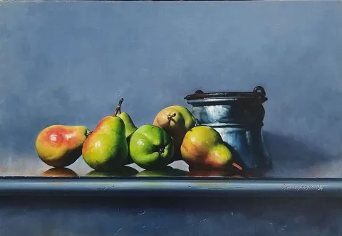 "Armutlar" eseri HASAN SAYGIN tarafından 2008 yılında 38x55 cm ölçülerinde Tuval üzeri yağlı boya tekniği ile yapılmıştır.