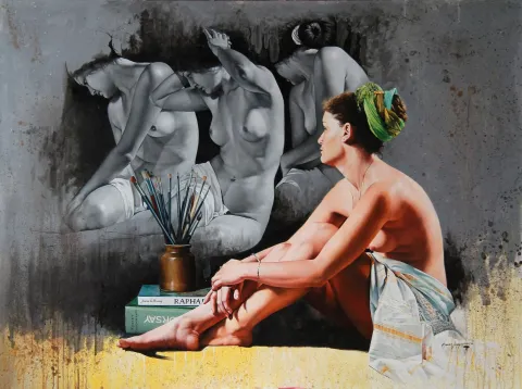 "Dinlenen Model - 2" eseri HASAN SAYGIN tarafından 2008 yılında 97x130 cm ölçülerinde Tuval üzeri yağlı boya tekniği ile yapılmıştır.
