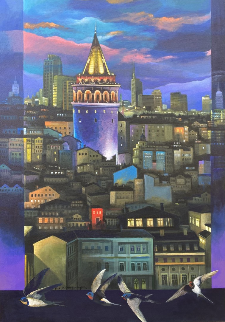 "Galata'ya gece bakış" eseri KADİR ŞİŞGİNOĞLU tarafından 2026 yılında 109x75 cm ölçülerinde Tuval üzeri yağlı boya tekniği ile yapılmıştır.