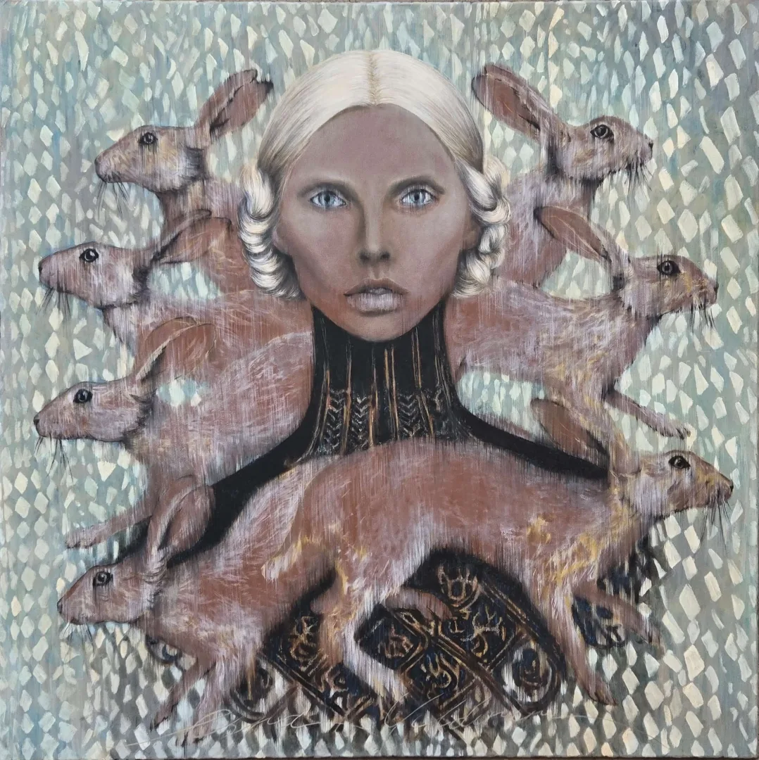 ESRA YILDIRIM — “All hail the unholy rabbits”, 2024 "All hail the unholy rabbits" eseri ESRA YILDIRIM tarafından 2024 yılında 100x100 cm ölçülerinde Tuval üzeri yağlı boya tekniği ile yapılmıştır.