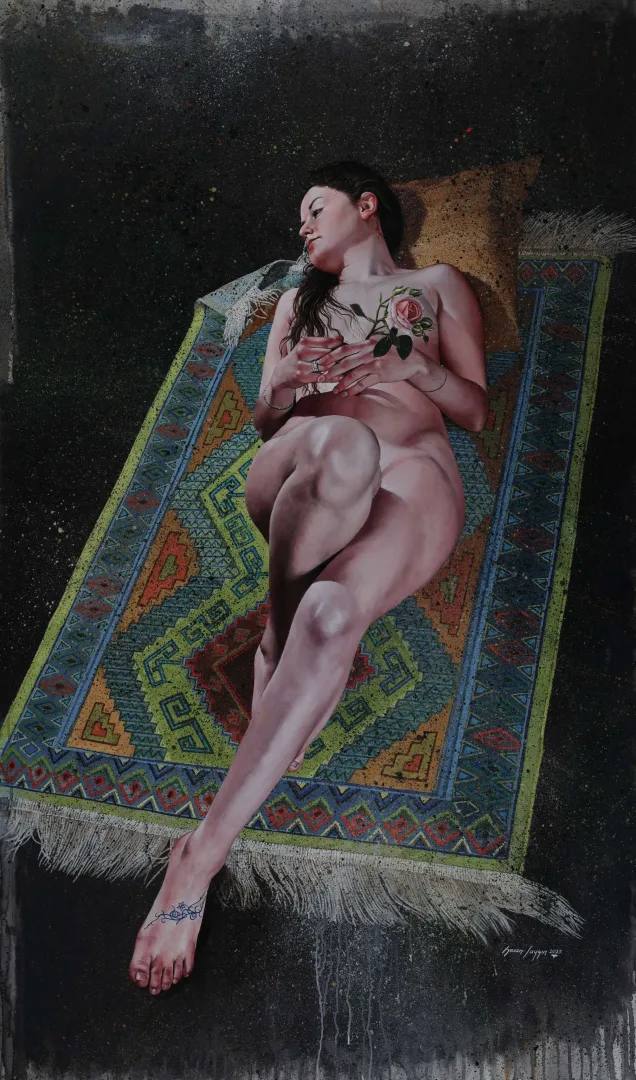 HASAN SAYGIN — “Gülün ruhu”, 2025 "Gülün ruhu" eseri HASAN SAYGIN tarafından 2025 yılında 161x94 cm ölçülerinde Tuval üzeri yağlı boya tekniği ile yapılmıştır.