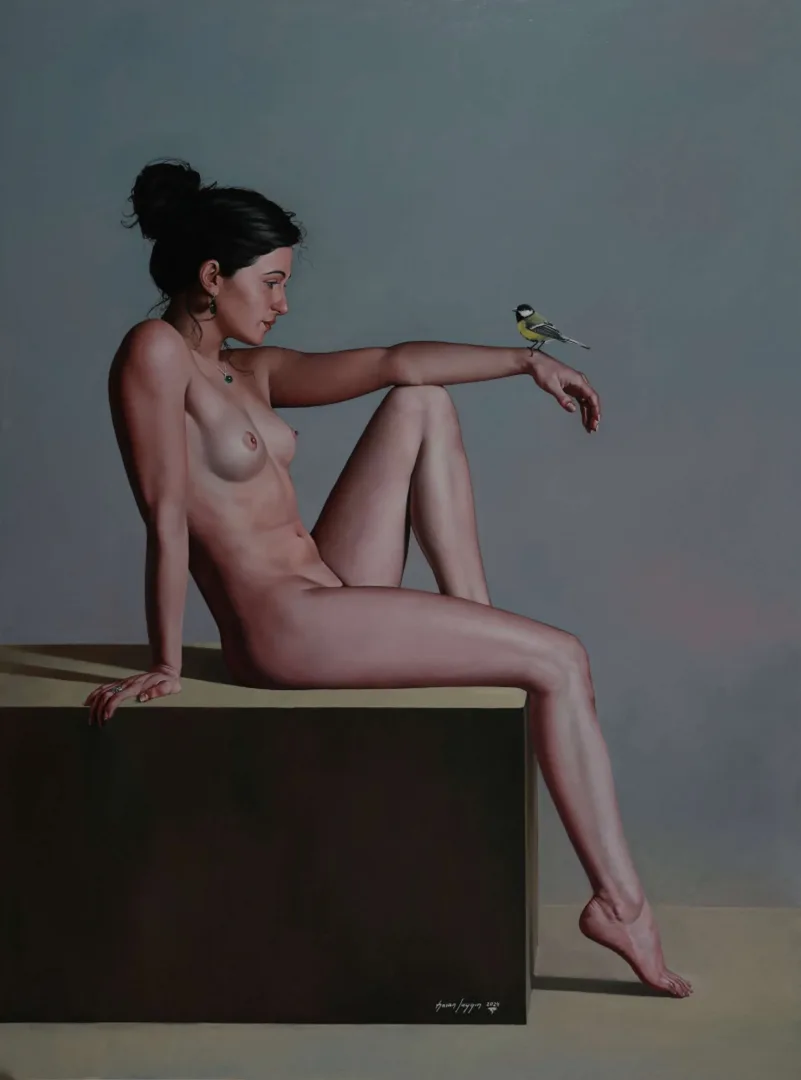 HASAN SAYGIN — “Kuş ve nü”, 2023 "Kuş ve nü" eseri HASAN SAYGIN tarafından 2023 yılında 130x97 cm ölçülerinde Tuval üzeri yağlı boya tekniği ile yapılmıştır.