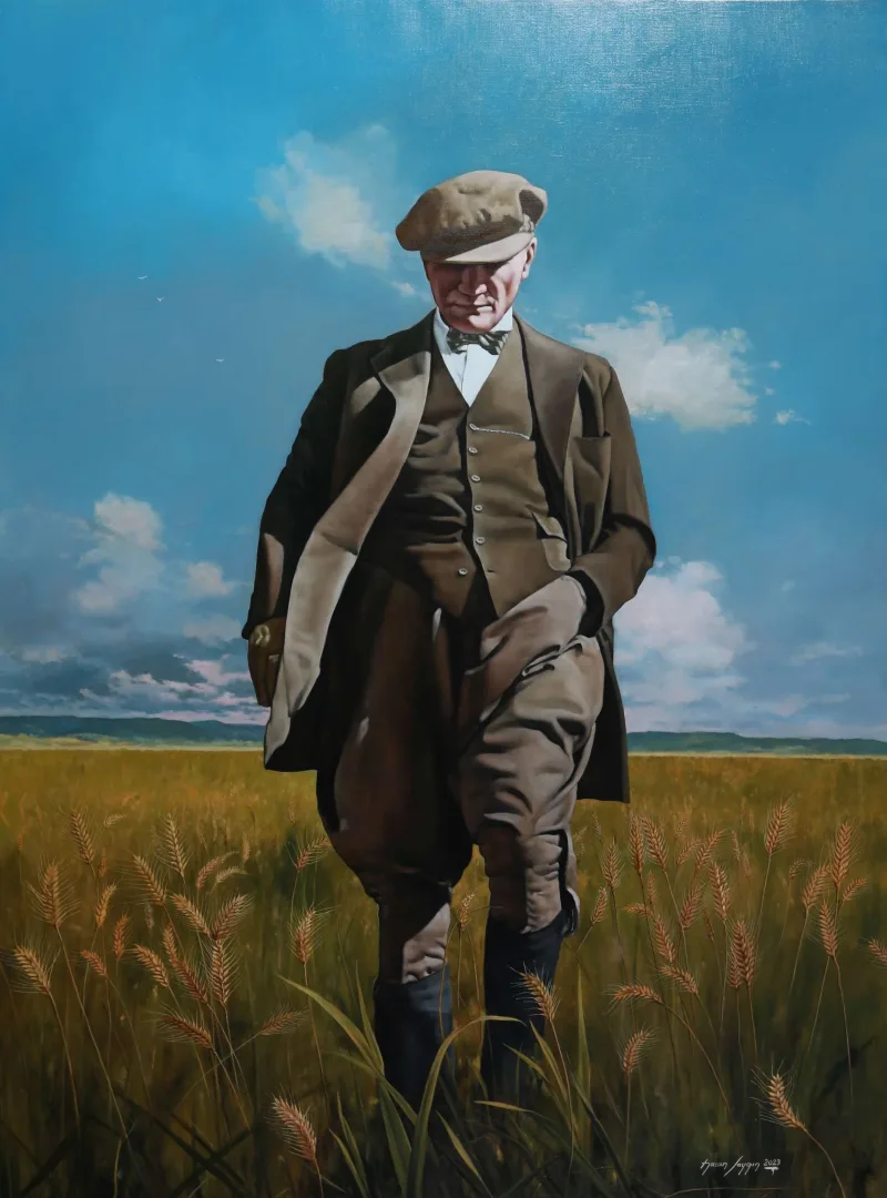 HASAN SAYGIN — “Atatürk buğday tarlasında”, 2023 "Atatürk buğday tarlasında" eseri HASAN SAYGIN tarafından 2023 yılında 130x97 cm ölçülerinde Tuval üzeri yağlı boya tekniği ile yapılmıştır.