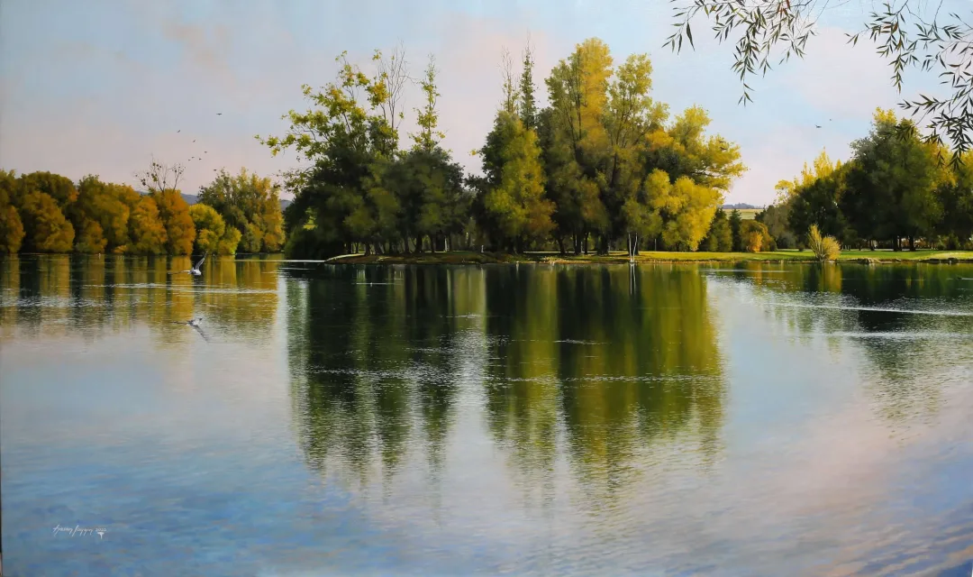 HASAN SAYGIN — “Yansıyan doğa”, 2022 "Yansıyan doğa" eseri HASAN SAYGIN tarafından 2022 yılında 97x162 cm ölçülerinde Tuval üzeri yağlı boya tekniği ile yapılmıştır.