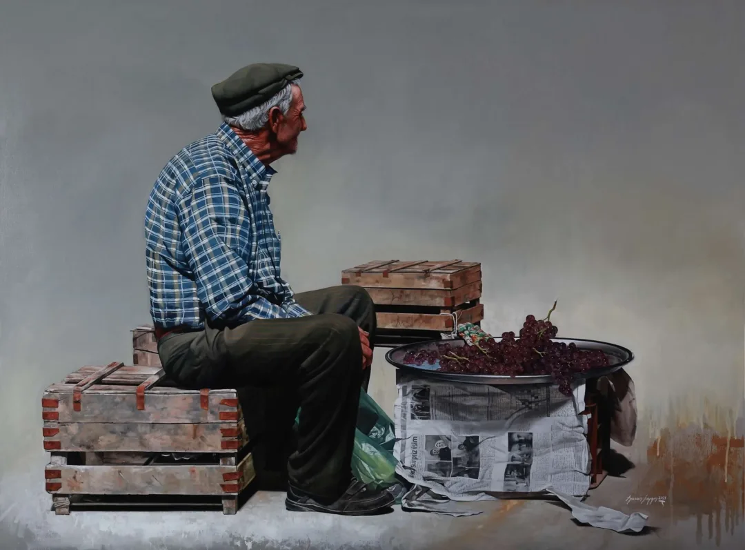 HASAN SAYGIN — “Üzüm satıcısı”, 2021 "Üzüm satıcısı" eseri HASAN SAYGIN tarafından 2021 yılında 97x130 cm ölçülerinde Tuval üzeri yağlı boya tekniği ile yapılmıştır.