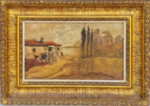 K. P. İMZALI tarafından 24x42 cm ölçülerinde Karton üzeri yağlı boya tekniği ile yapılmıştır.